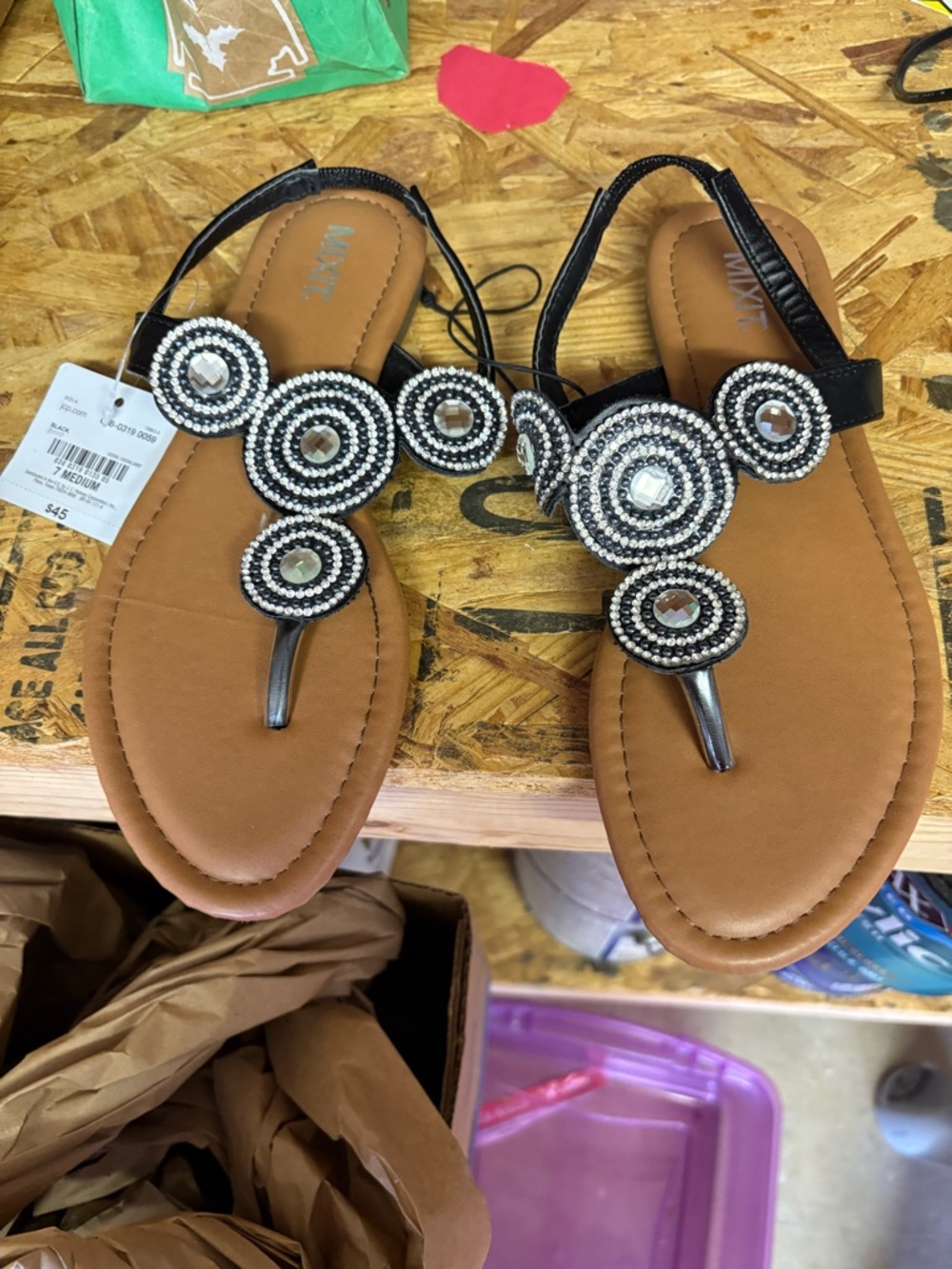 Mixit Black Strappy Sandals with Tan Footbed and Beaded Accents